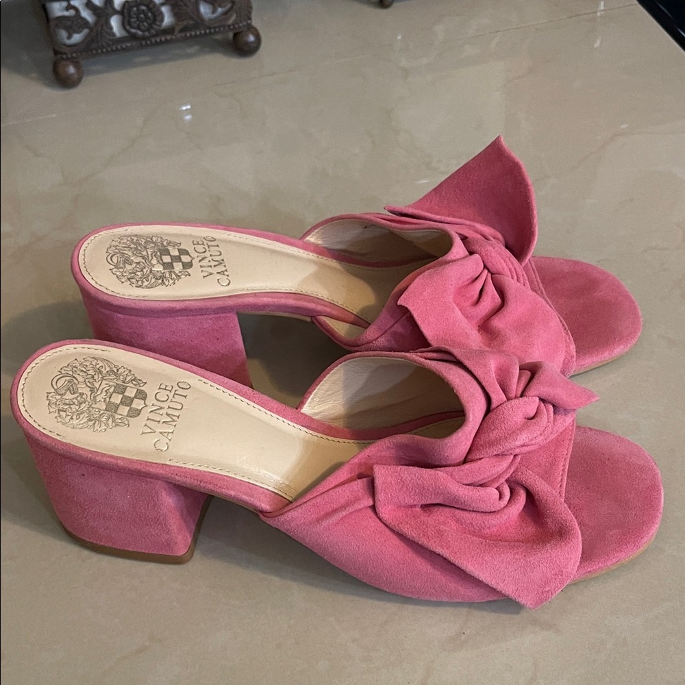 Vince Camuto Pink Suede Knot Front Block Heel Mules
